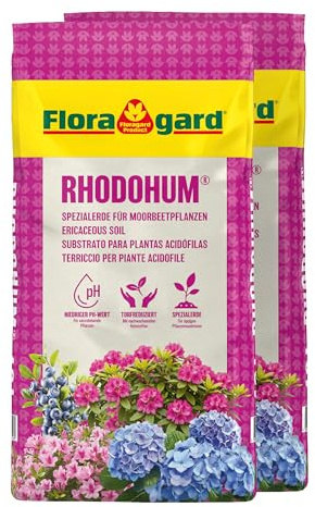 Floragard Rhodohum Rhododendronerde 36 L (2×18 L) – pH-saure Moorbeeterde mit guter Wasserspeicherung – ideal zum Pflanzen von Rhododendren, Azaleen, Blaubeeren & Anderen Moorbeetpflanzen im Garten