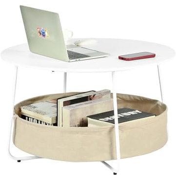 FURNITABLE Couchtisch Rund mit Stauraum,Metallrahmen,Korb aus Stoff,für Wohnzimmer Balkon Büro,Weiß,75cm