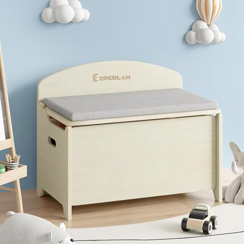 EXPERLAM Toy Box and Toy Storage, Wooden Toy Box for Boys and Girls, Toy Chest with Cushion Seat and 2 Safety Hinges, Toy Storage organizer for Nursery, bedroom, Living Room, Play room