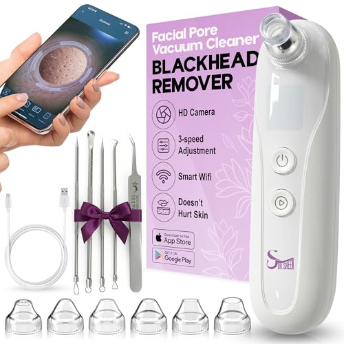 Dr. Sheen Aspirateur de points noirs avec appareil photo, 3 modes d'aspiration, 6 têtes en silicone, rechargeable par USB, kit de 5 pièces en acier inoxydable, aspirateur de pores, nettoyant en