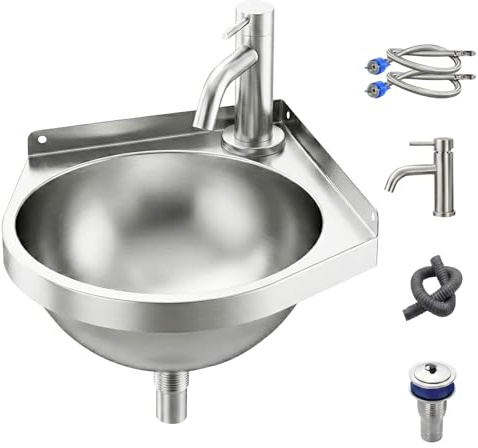 Stainless Steel Corner Sink with Cold/Hot Faucet, Space Saving Corner Stainless Steel Basin Sink, Wall Mounted Triangular Basin for Kitchen/RVs/Bathroom/Toilet