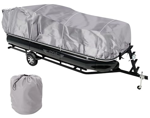 Universal Boat Adjustable Storage Cover - 17'-20'L to 96” Pontoon Boats Protection Custom Heavy Duty Waterproof Weather Resistant Polyester Fabric, Snap Strap, Elastic Cord, Bag - Pyle PCVHP440