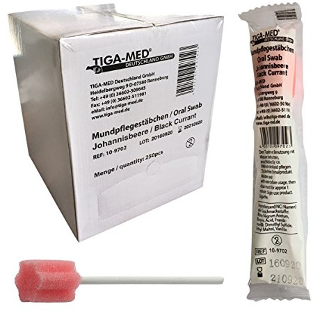 TIGA-MED Mundpflegestäbchen | 250 Stück | Einmal Oral Care Sticks zur Mundpflege | schonende Reinigung & Befeuchtung | hygienisch & saugfähig | einzeln verpackt in Spenderbox (Johannisbeere)