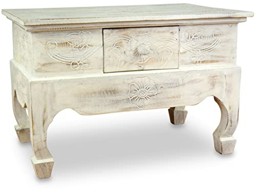 livasia Opiumtisch mit Schublade – 60x40x40cm – Handgeschnitzter Beistelltisch Holz aus Bali, Bringt asiatischen Charme als Holztisch in Dein Zuhause (Whitewash)
