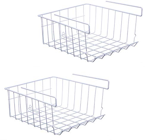 ASTOTSELL Unterregal Aufbewahrungskorb, 2er-Pack Unterregal Hängender Metalldraht Aufbewahrungskorb Organizer für Küche, Büro, Speisekammer, Bad, Schrank, Weiß