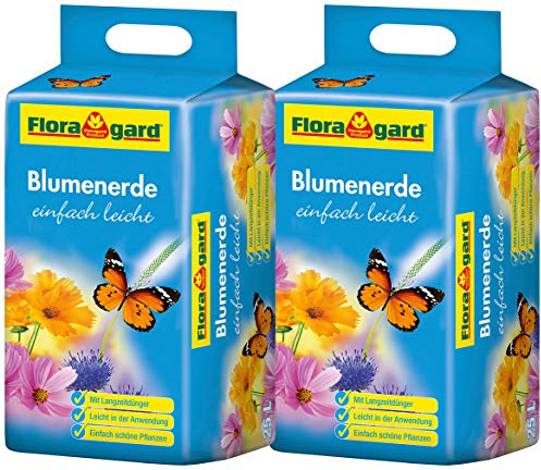 Floragard Blumenerde leicht 2x25 L - Universalerde für Zimmerpflanzen, Balkon- und Kübelpflanzen - mit Langzeitdünger - 50 Liter, erdfarben, 2X 25 l