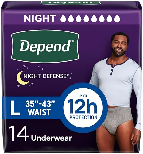 Depend Men's Night Defense Incontinence Underwear, Absorbent Overnight Protection, 28 Count, Large, Grey