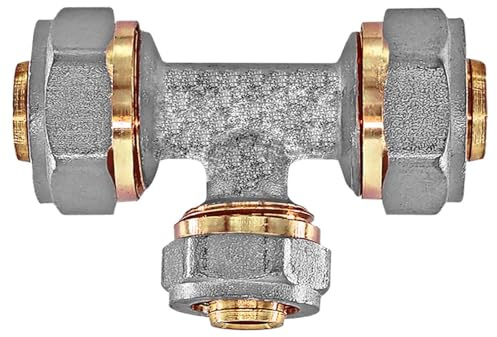 MegaHaustechnik T-Stück Mitten-Abgang reduziert Schraubfitting für Mehrschichtverbundrohr 26x3 16x2 26x3 mm (AußenØ x Wandstärke) aus Messing Verschraubung Verbinder Trinkwasser geeignet