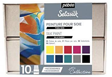 Pébéo - Setasilk Cofanetto Collezione - Kit Pittura su Seta - 10 Flaconi con Contagocce da 45 ml Assortiti + 2 Gutta all’Acqua 20 ml + 1 Tavolozza + 1 Pennello Piatto n. 10 + 1 Spugna + Guida Creativa