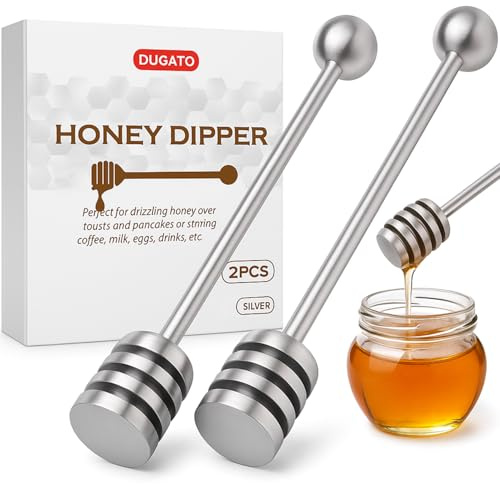 DUGATO Honey Dipper Set (2 Pack, 6.3) - 304 Stainless Steel Honeycomb Sticks for Honey Pot Jar, Syrup Drizzler, Tea & Coffee Stirrer - Elegant Kitchen Utensil (Stainless Steel)