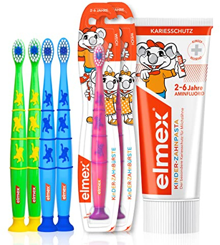 Elmex Kinder Set mit Zahnpasta & 6 Zahnbürsten - besonderer Kariesschutz für Milchzähne, 2-6 Jahre