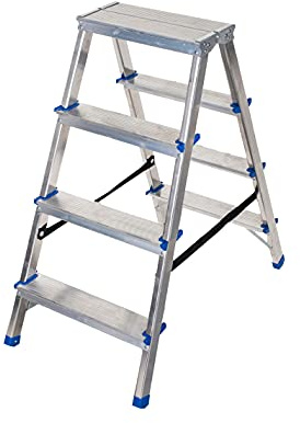 Scaletta-Sgabello in alluminio a 2 tronchi di salita, 4 Gradini, Made in Italy. Portata Max 150KG. Peso 3,4 KG.