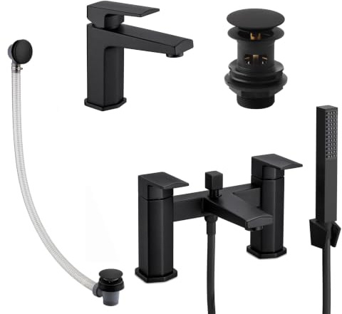 ENKI BBT0200 Milly Modern Basin and Bath Tap Pack, Matt Black, Matching Set | Solid Brass, 1-Year Guarantee, Ceramic Disc Valve, Basin and Bath Wastes Included, Easy Install, Fittings Included