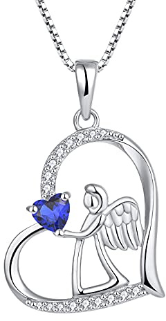 FJ Herz Schutzengel Kette Damen 925 Sterling Silber Engel Anhänger Engelsflügel Halskette Geburtsstein Zirkonia Kette Schmuck Geschenke für Frauen Mädchen