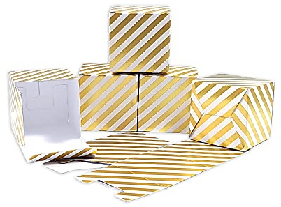 Frau WUNDERVoll® 12 Faltschachteln weiß, gold Streifen 7x7x7 cm (gefaltet), 300 Gramm Papier/Würfelbox, Kissenverpackungen, Pillow box, Faltverpackung, Geschenkverpackung, Gastgeschenk, Hochzeit
