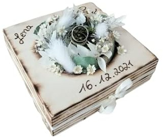 Hochzeit Ringkissen Mille Fleurs Boho eckig Holz geflammt für Eheringe mit Namen