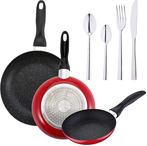 San Ignacio PK4823 Sartenes San Ignacio + Set De 24 Pc Cubertería En Acero Inoxidable, Color Negro/Cromado
