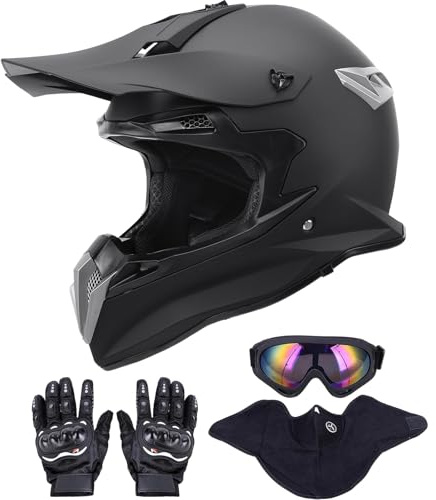 OUMURS Adult Dirt Bike Helmet with Goggles Gloves & Mask Adjustable Sun Visor Motorcycle Adult ATV Helmet Off-Road Motocross Downhill Moped MX BMX for Unisex-Adult-Matte Black-188, L