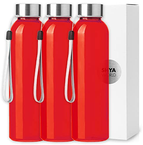 ShyaWorld Bottiglia di vetro per acqua con cordoncino 500 ml di finitura trasparente tappo di vite in acciaio inossidabile. scatole singole per bottiglia (3 unità, rosso)