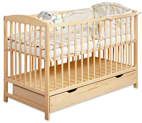 moto-MOLTICO Lit Bébé 60x120 cm avec Tiroir – Lit en Bois Réglable en Hauteur, Transformable en Lit Enfant avec Barrières de Protection – Lit Bébé Fille et Garçon