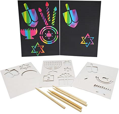 The Dreidel Company 12-Pack Hanukkah Scratch Stencil Art Kit, Rainbow Scratch Art for Kids with Stencils, Bookmarks & Holiday Themed Shapes, Magic Drawing Coloring Sheet Set School Decor (12-Pack)