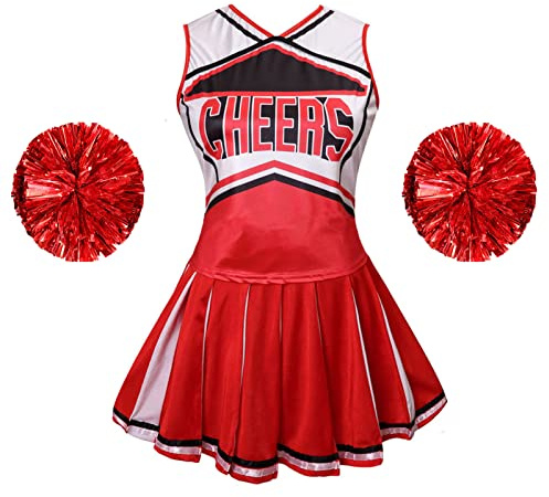 maxToonrain Cheerleader-Kostüm für Damen, Halloween, mit Zugring, Pompons, Highschool-Mädchen-Outfit, Tops und Rock, 2-teiliges Cheerleading-Kostüm-Set