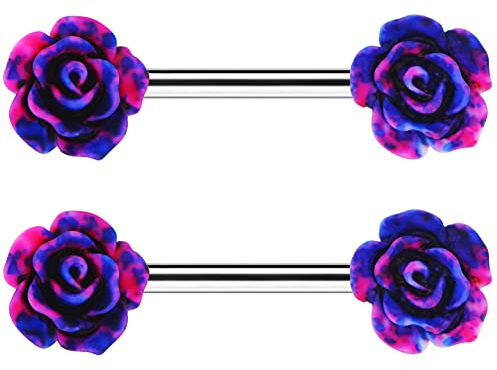 Jewseen 14G Brustwarzenpiercing Gänseblümchen 2PCS Rosenblüte Nipple Barbell 316LChirurgenstahl Brustwarzen Violette Blume Brustwarzen Schild Barbells für Frauen