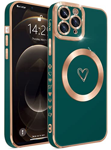 ECZOIL Compatible with iPhone 11 Pro Max Case MagSafe,Full Camera Lens Protection Luxury Electroplated Cute Heart Magnetic Case for iPhone 11 Pro Max for Women Girls-Dark Green