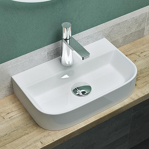Mai & Mai Lavabo sobre Encimera 38x24x8 cm – Blanco Brillante, Cerámica, Rectangular, con Orificio para Grifo, Instalación en Pared o Encimera