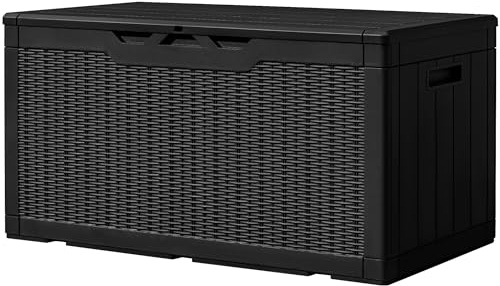 Greesum 100 Gallon Resin Deck Box Large Outdoor Storage, Imitation Rattan Weave Texture for Patio Furniture, Garden Tools, Pool Supplies, Weatherproof and UV Resistant, Lockable, Dark Black