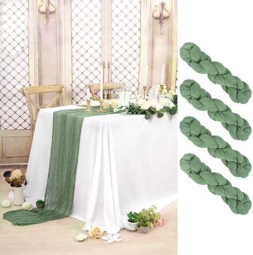 Pesonlook 4 Stück Käsetuch Tischläufer Salbeigrün Lang, 90 x 300 cm | 3 m lang, Rustikaler Gaze Stoff Boho halbtransparent Hochzeits Seihtuch Tischläufer für Hochzeit, Party, Brautparty，Bankett