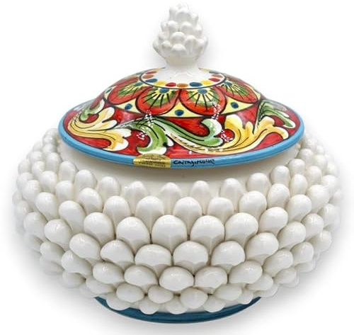 SICILIA BEDDA CAPACI Biscottiera Pigna in Ceramica Caltagirone, con 3 opzioni Misura (1Unità) Bianco e Decoro Barocco Multicolore - Misura Piccola