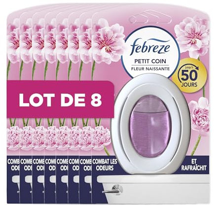 Febreze Petit Coin, Désodorisant WC En Continu (7.5ml x8), Parfum Fleur Naissante, Combat Les Odeurs en Continu, Fraîcheur Jusqu'à 50 Jours
