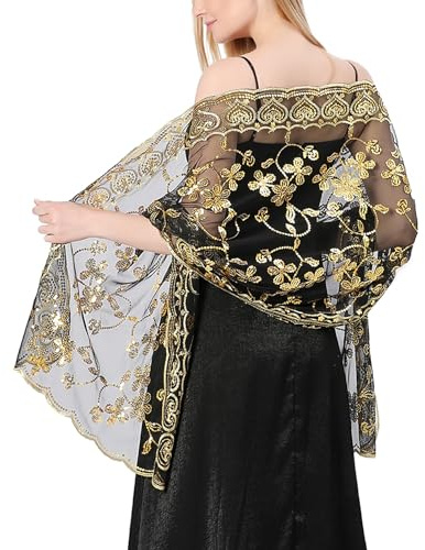 Ladiery Damen Pailletten Floral Schals und Stola für Abendkleid,Glitzer Festlich Hochzeit Stole Tuch für Abend Party