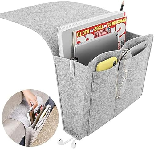 Ruikcoll Mesita de noche Bolsa de noche antideslizante con 5 bolsillos profundos para guardar libros, revistas, controles remotos, iPad, teléfono celular (gris)
