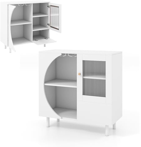 KOMFOTTEU Küchenschrank Sideboard Weiß, Küche Kommode mit Glastür, Buffetschrank mit Ablagen & Glashalter, Geschirrschrank Mehrzweckschrank für Esszimmer Flur 80 x 30 x 80 cm