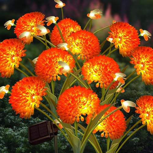Solar Gartenleuchten für Außen, 2-Pack Orange Solar Blumen Mit Bienen, Gartendeko wasserdichte Solarlichter Im Freien für Garten Patio Yard Weg, Geschenke für Mama, Balkon Blumenkästen Terrasse Deko