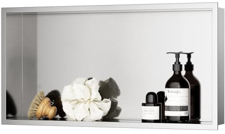 KEOKBON Nicho de ducha de acero inoxidable de 60 x 30 cm, nicho de pared empotrado, no requiere azulejos, organizador de ducha integrado impermeable, estante individual, nano plateado