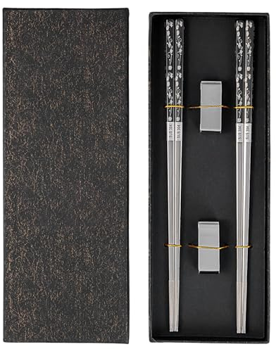UNGFEI 2 Pairs Stainless Steel Chopsticks with Holder Stand - Laser Engraved & Anti-Slip Metal Chopstick for Japanese Korean Chinese Dining, Picnic and Festival Gift