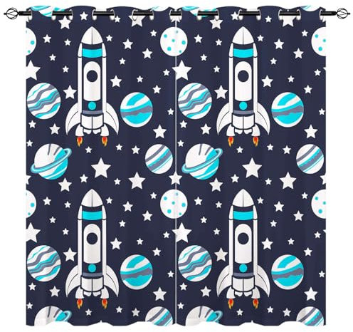 YUANZU Rakete Vorhänge Kritzeln Raum Planeten Sterne Ösen Gardinen mit Blickdichte Vorhang Kälteschutz Blackout Curtain Kinderzimmer Schlafzimmer Verdunkelung Fenster, 2 Stück, H 137 x B 132 cm