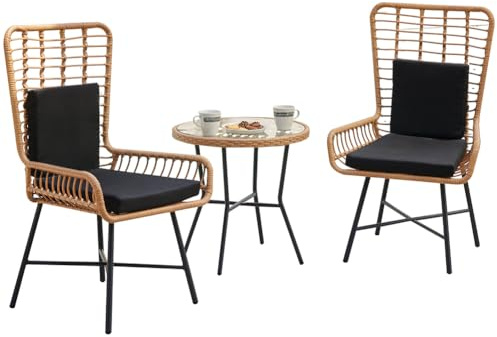 BAKAJI Set 3 Pezzi Arredo Giardino in Rattan con Tavolino Ripiano in Vetro e 2 Sedie con Cuscini Imbottiti, Arredamento per Esterni, Patio, Balcone, Terrazza, Design Moderno Elegante (Design 2)