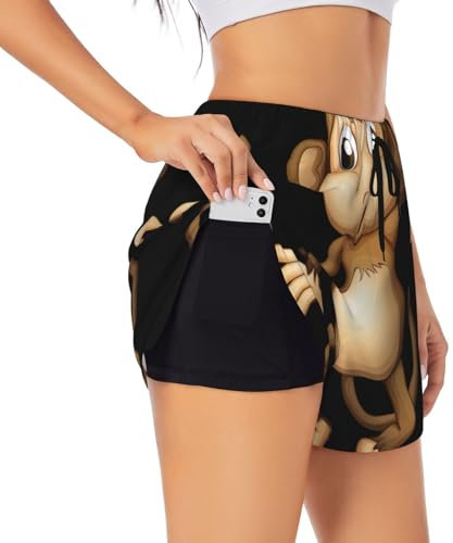 DRTGEDS Cute Monkey 2-in-1 Damen-Shorts für Laufen, athletisch, Workout, Yoga, mit Taschen, S, M, L, XL, XXL, XXXL, Schwarz, Mittel