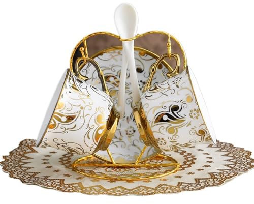 Ensemble de tasses à café de luxe en céramique avec bord doré, service à thé créatif européen avec soucoupe et cuillère, tasse à café anglais et support d'assiette (fleur dorée, 2 soucoupes)