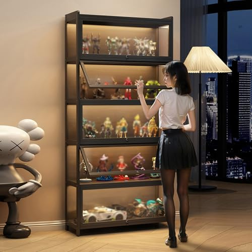 EFGETD Acryl-Vitrine für Sammlerstücke für Wohnzimmer, Schlafzimmer, staubdicht, antike Vitrine mit Schloss, hochauflösende transparente Vitrine(Schwarz,5 Floor 80cm)