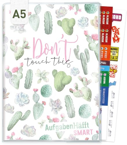 Häfft® Hausaufgabenheft A5 ohne Datum mit Umschlag + Stickern - der Clou: immer sichtbarer Stundenplan Don't touch this - nachhaltig & klimafreundlich