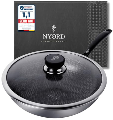 NYORD Wokpfanne [TESTSIEGER] | Antihaft Pfanne 30cm 5,5L | Hybrid Keramikbeschichtung Edelstahl Wok PFOA frei | Kratzfest Spülmaschinenfest Wabenpfanne | Wok Induktion Gas Ceran Pfanne mit Deckel