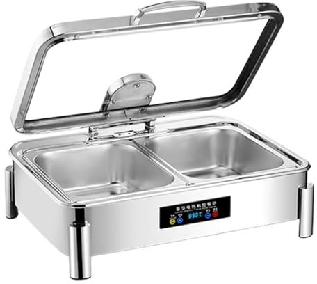 Scaldavivande Elettrico per Buffet Piano di Cottura in Acciaio Inox Scaldavivande Intelligente con Coperchio in Vetro Trasparente per Catering, Buffet e Feste(13.5L/2)
