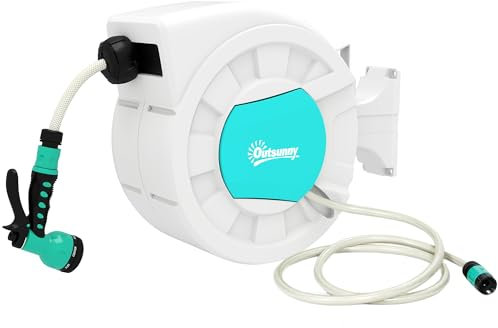 Outsunny Enrouleur tuyau arrosage, dévidoir de tuyaux d'eau, 25+2 m, avec support mural + poignée, pivotant à 180°, 7 options de jets d'arrosage, gris clair