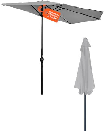 Avilia Ombrellone da Giardino a Mezzaluna Grigio 2,7x2,3m con Manovella e Soffietto Antivento – Ombrellone da Parete in Alluminio e Poliestere per Esterni