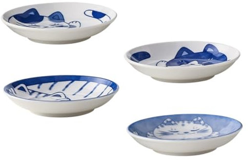 Veemoon 4pcs Japanese Style Ceramic Soy Sauce Dipping Plates Cat Patterned Small Condiment Dish Set for Sushi Seasoning and Appetizer Serving